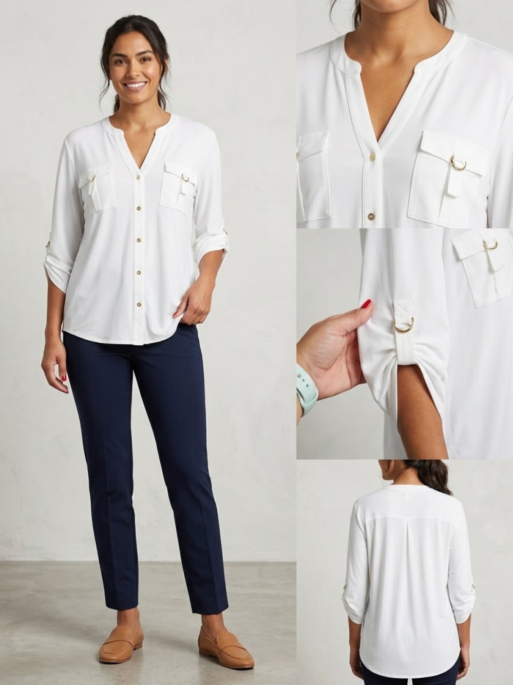 Calvin Klein White Lg Utility Blouse Minimalist Workwear Gold Hardware Roll Tab